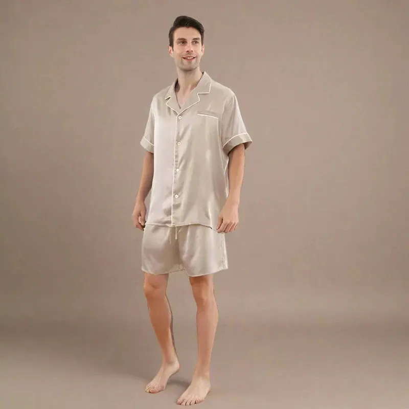 22MM 100% Mulberry Silk Pajama Set – Men’s Short Sleeve & Shorts