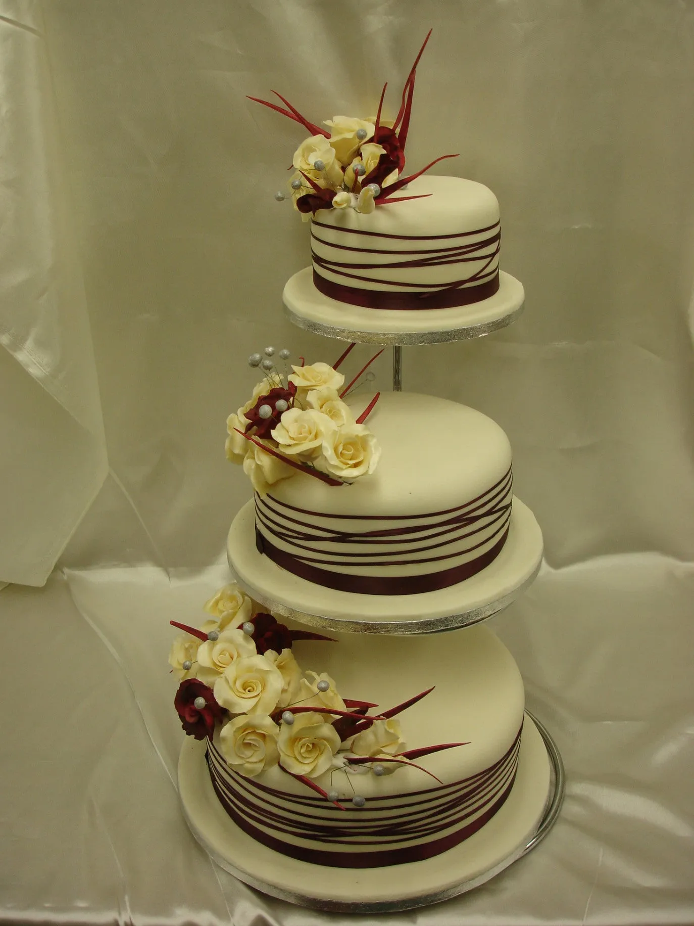 3 Tier  Ivory & Burgundy Rose Wedding Cake
