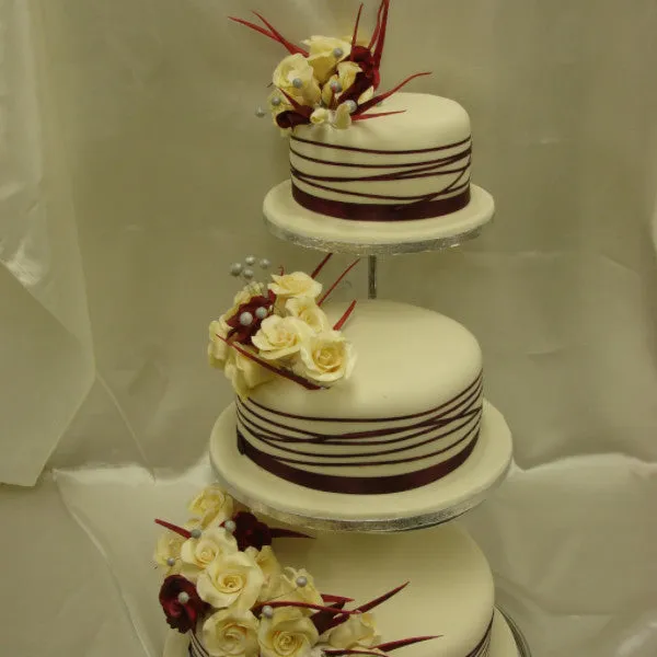 3 Tier  Ivory & Burgundy Rose Wedding Cake