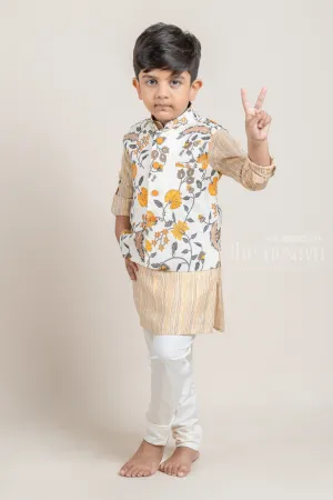 Beige All Over Stripes Printed Boys Kurta with Floral Printed Overcoat and White Pant