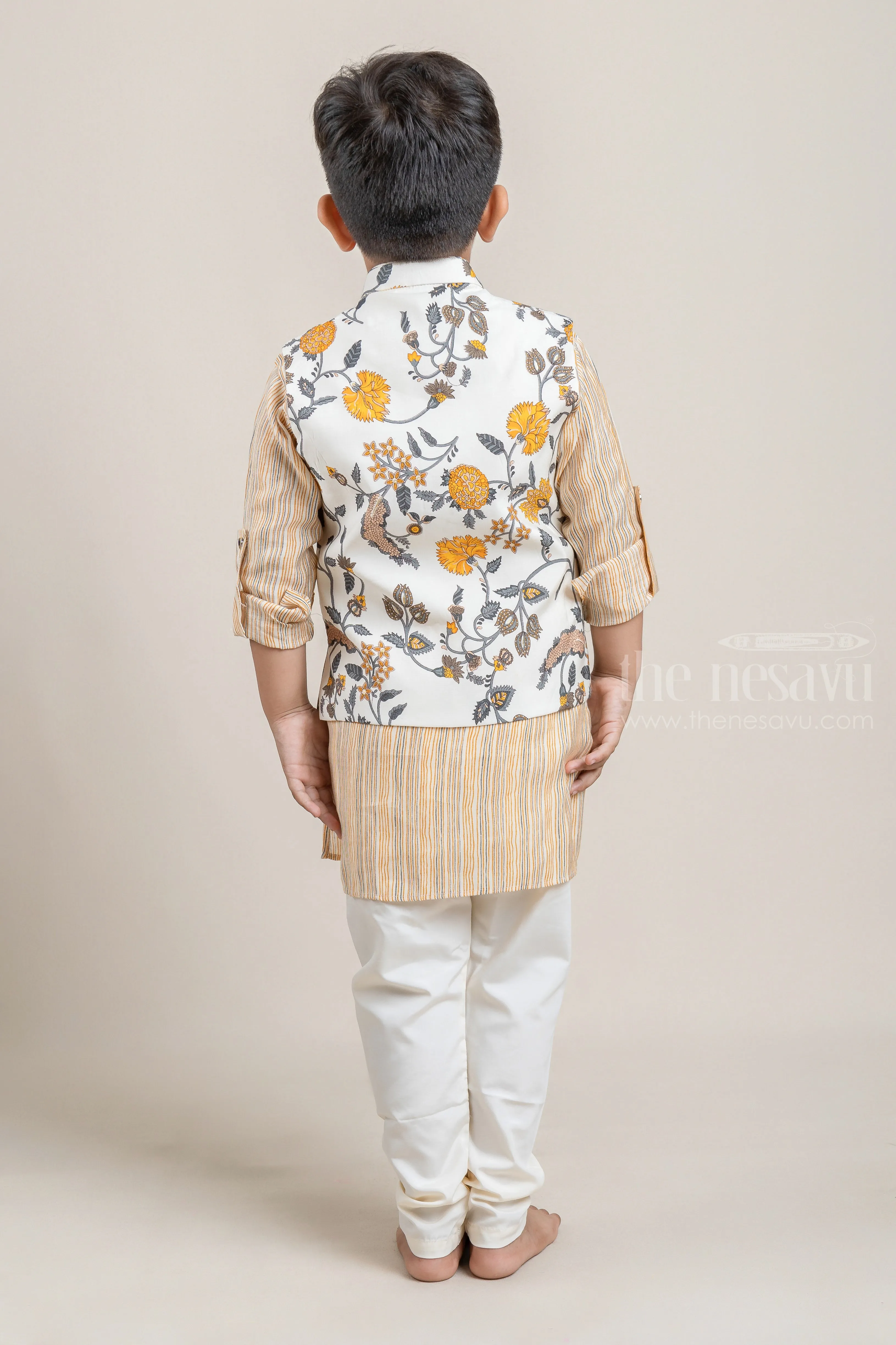 Beige All Over Stripes Printed Boys Kurta with Floral Printed Overcoat and White Pant