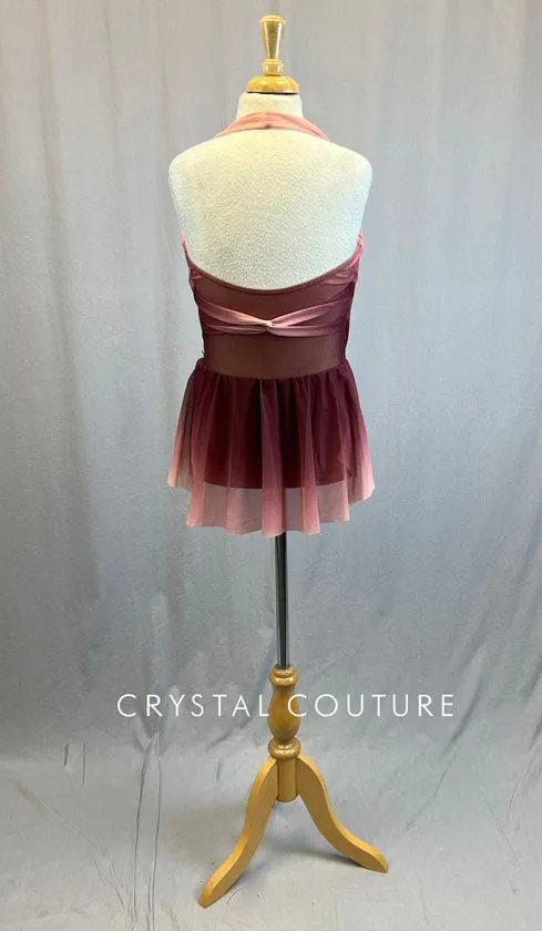 Burgundy & Rose Pink Halter Leotard with Back Skirt and Appliques - Rhinestones