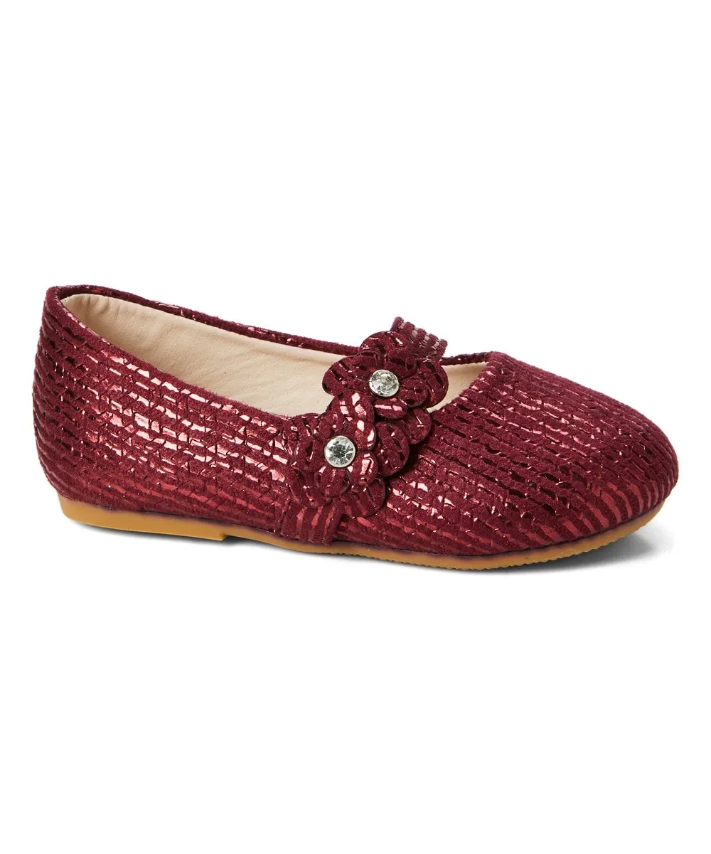 Burgundy Floral-Strap Ribbed Flat - Girls