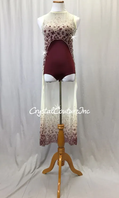 Burgundy Leotard with Nude Patterned Mesh High-low Dress - Rhinestones
