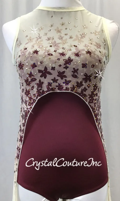 Burgundy Leotard with Nude Patterned Mesh High-low Dress - Rhinestones