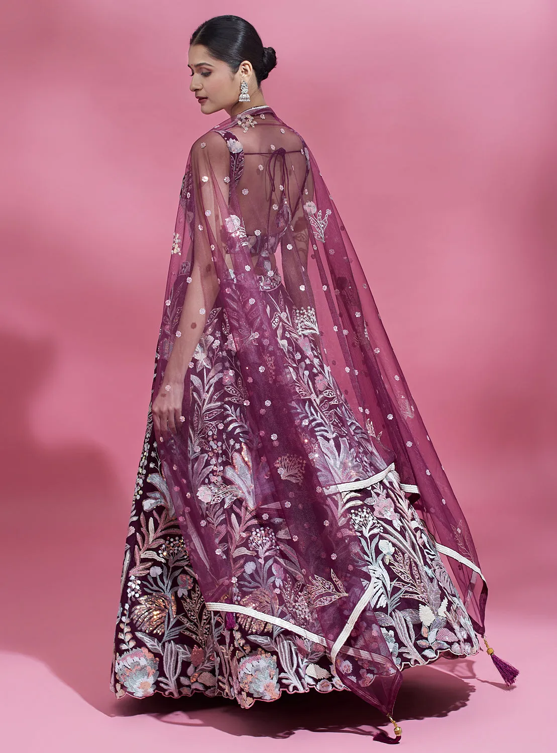 Burgundy Net Sequence Work Floral Lehenga & Blouse with Dupatta