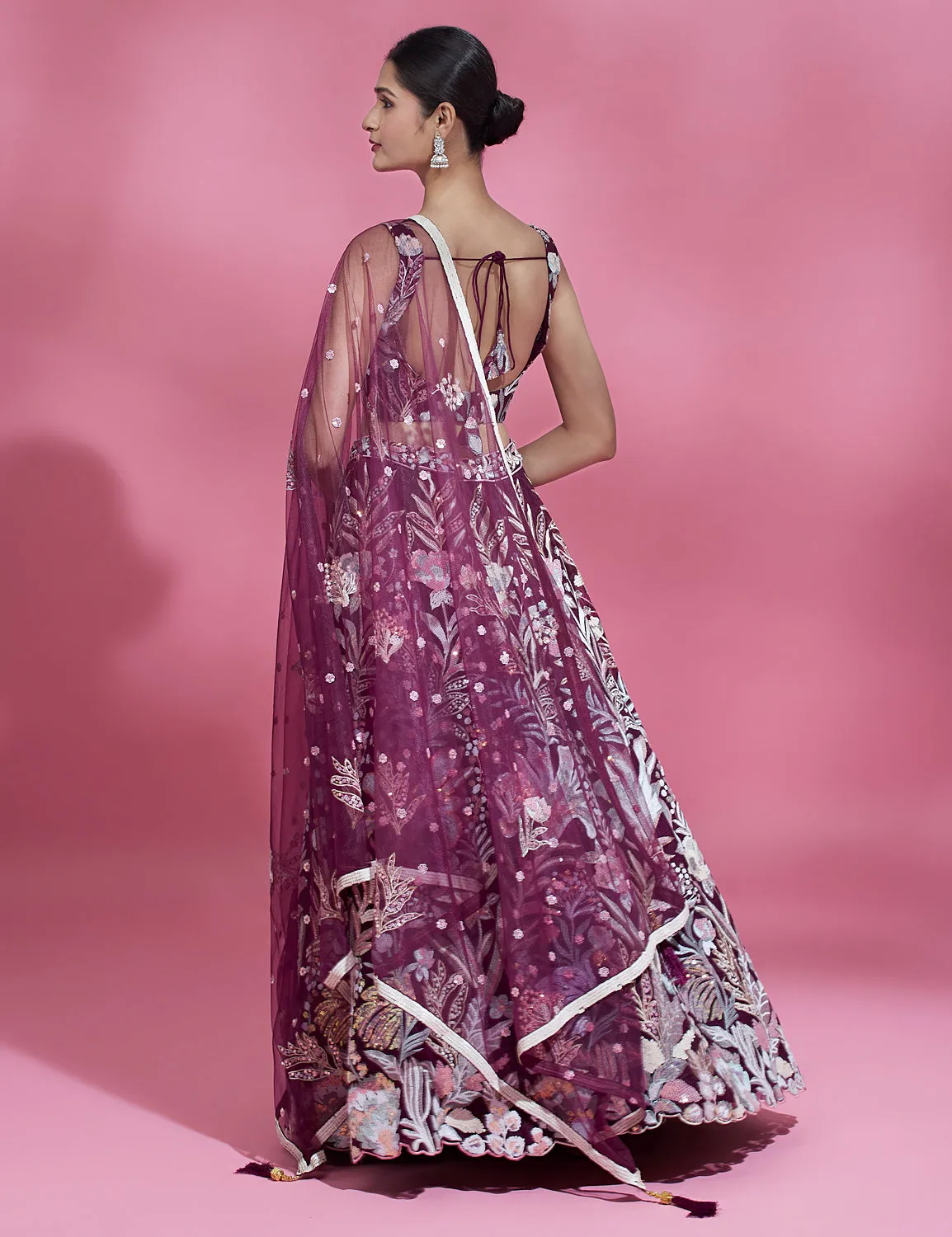 Burgundy Net Sequence Work Floral Lehenga & Blouse with Dupatta
