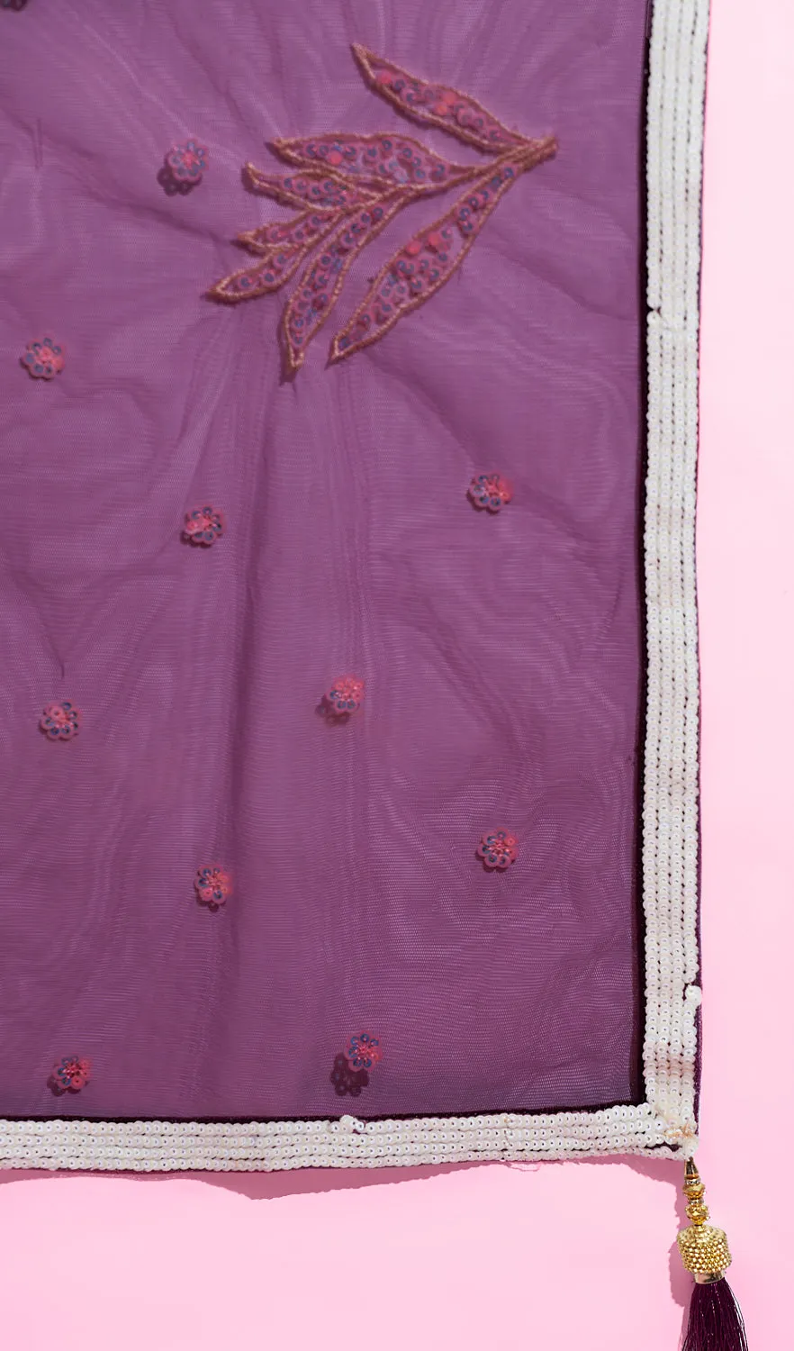 Burgundy Net Sequence Work Floral Lehenga & Blouse with Dupatta
