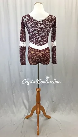 Burgundy Paisley Open Lace Leotard with Nude Lining