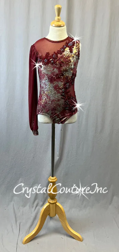 Custom Burgundy One Arm Leotard with Grey & Metallic Gold Pattern - Appliques & Rhinestones