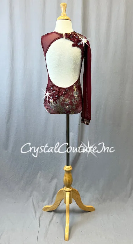 Custom Burgundy One Arm Leotard with Grey & Metallic Gold Pattern - Appliques & Rhinestones