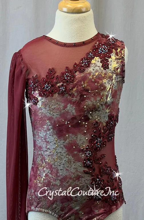 Custom Burgundy One Arm Leotard with Grey & Metallic Gold Pattern - Appliques & Rhinestones