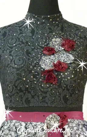 Gray and Burgundy 2Pc Long-Sleeved Top and Booty Shorts/Skirt - Swarovski Rhinestones