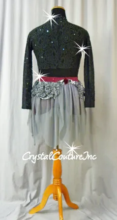 Gray and Burgundy 2Pc Long-Sleeved Top and Booty Shorts/Skirt - Swarovski Rhinestones