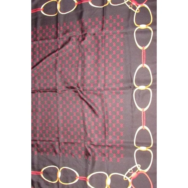 Gucci Black Gold Red Logo Xl And Equestrian Print Silk Scarf