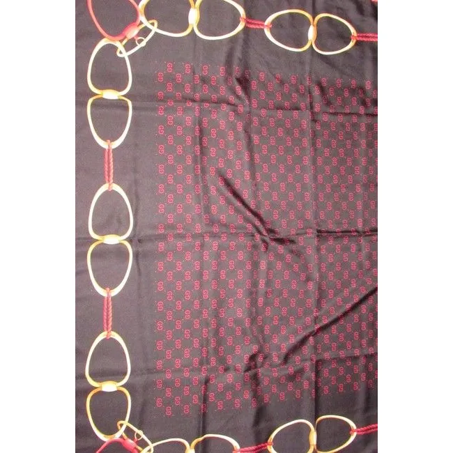Gucci Black Gold Red Logo Xl And Equestrian Print Silk Scarf