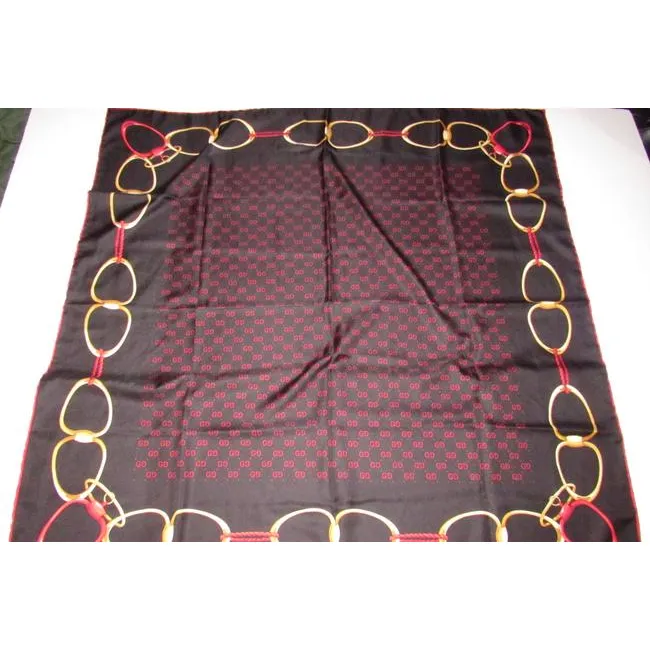 Gucci Black Gold Red Logo Xl And Equestrian Print Silk Scarf