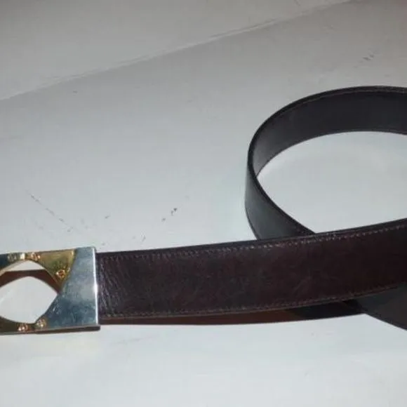 Gucci brown/burgundy leather belt w two-tone equestrian buckle