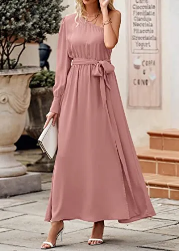 KIRUNDO Women's Satin Long Sleeve One Shoulder Maxi Dress Asymmetrical Tie Waist Slit Party Cocktail Long Formal Prom Dress(Dusty Pink, Large)