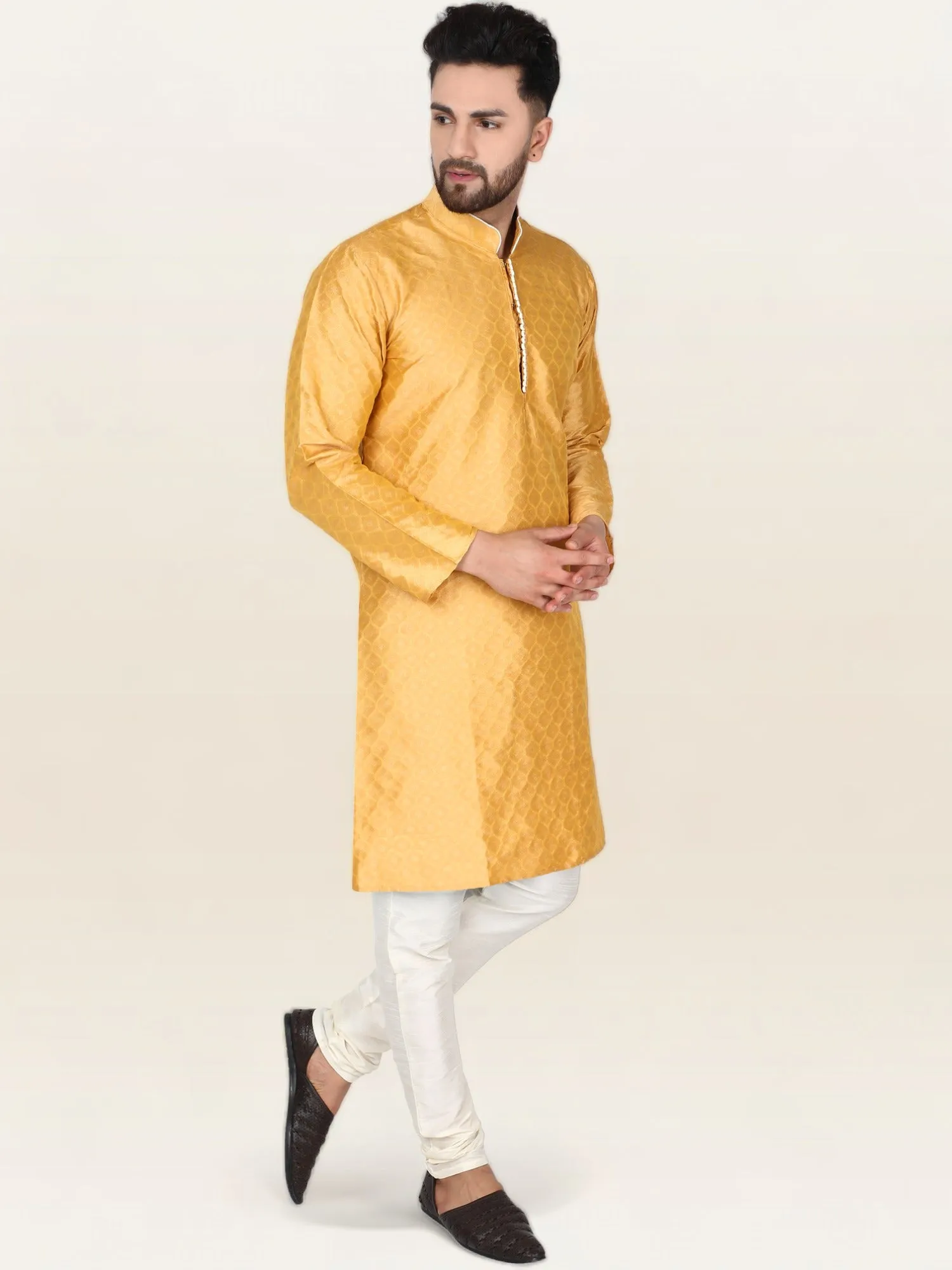 Men's Art Silk Kurta Pajama Indian Traditional Wedding Party Festive Season Dress Set Gold