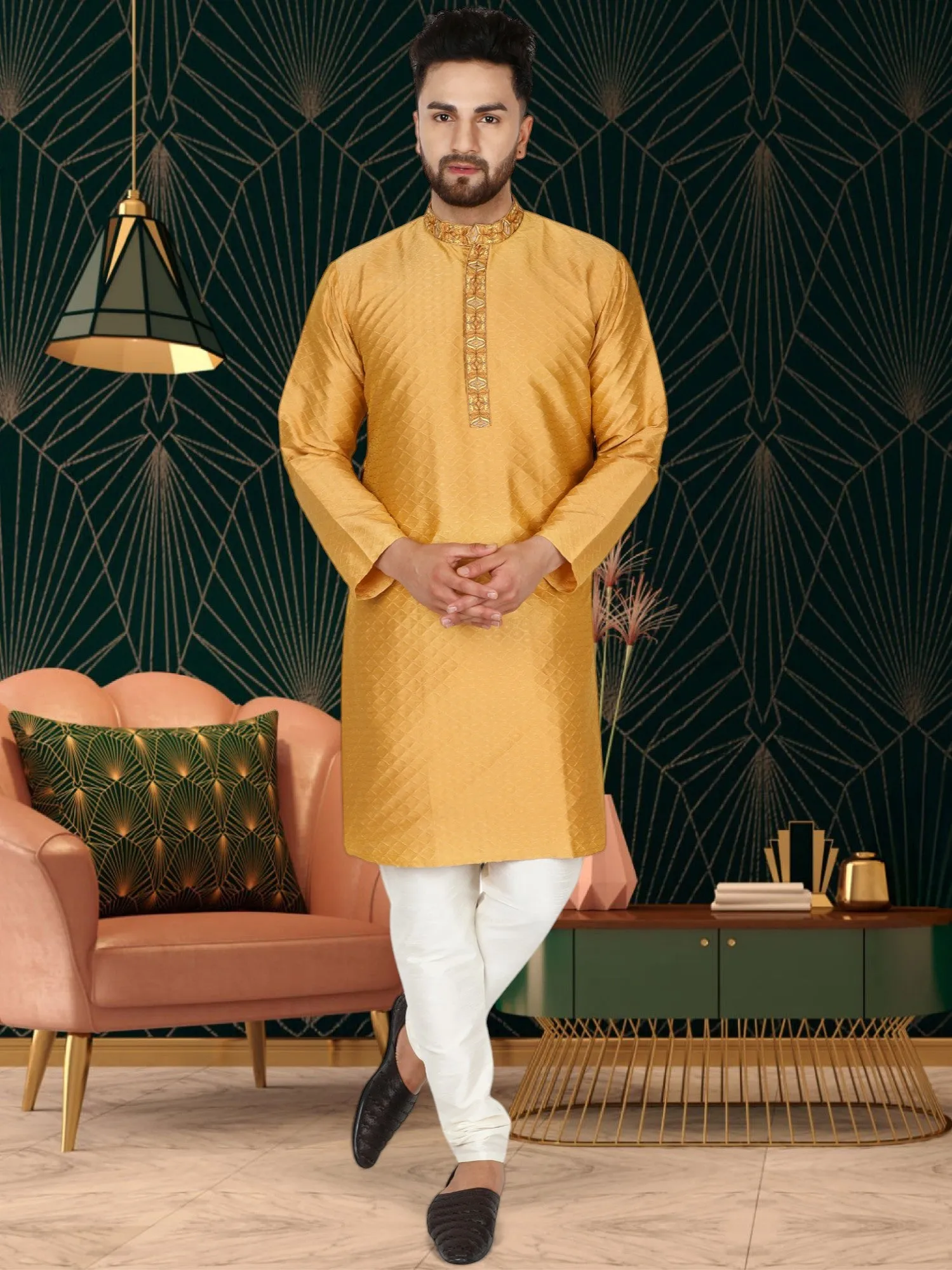 Men's Art Silk Kurta Pajama Indian Traditional Wedding Party Festive Season Dress Set Gold