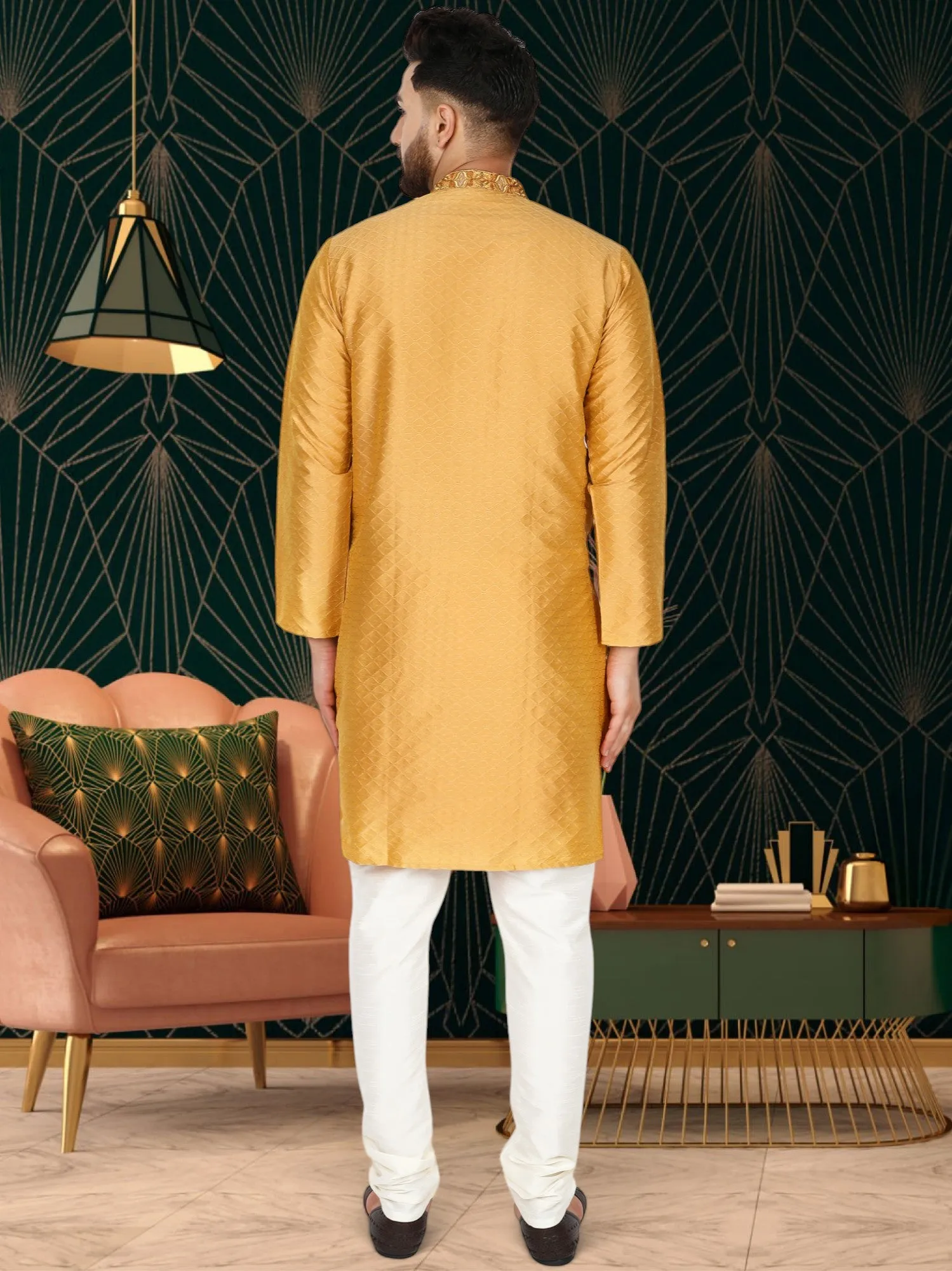 Men's Art Silk Kurta Pajama Indian Traditional Wedding Party Festive Season Dress Set Gold