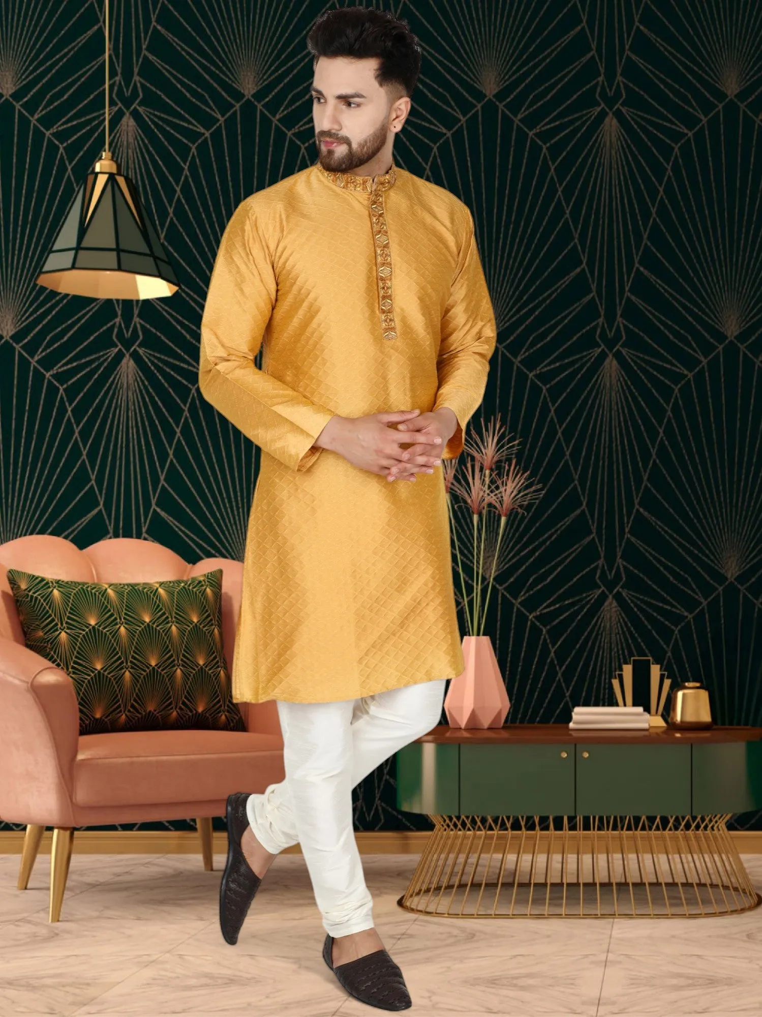 Men's Art Silk Kurta Pajama Indian Traditional Wedding Party Festive Season Dress Set Gold
