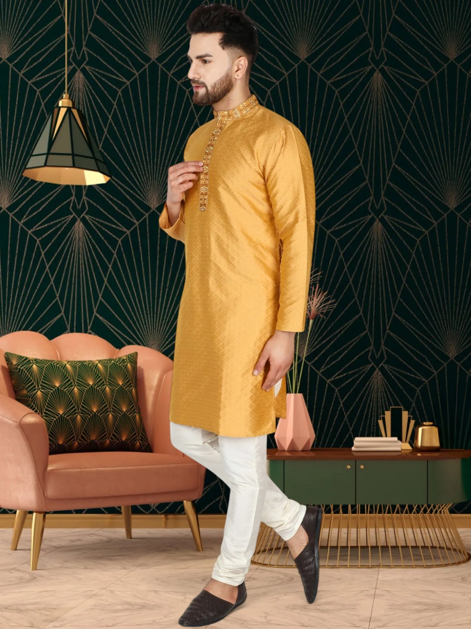 Men's Art Silk Kurta Pajama Indian Traditional Wedding Party Festive Season Dress Set Gold