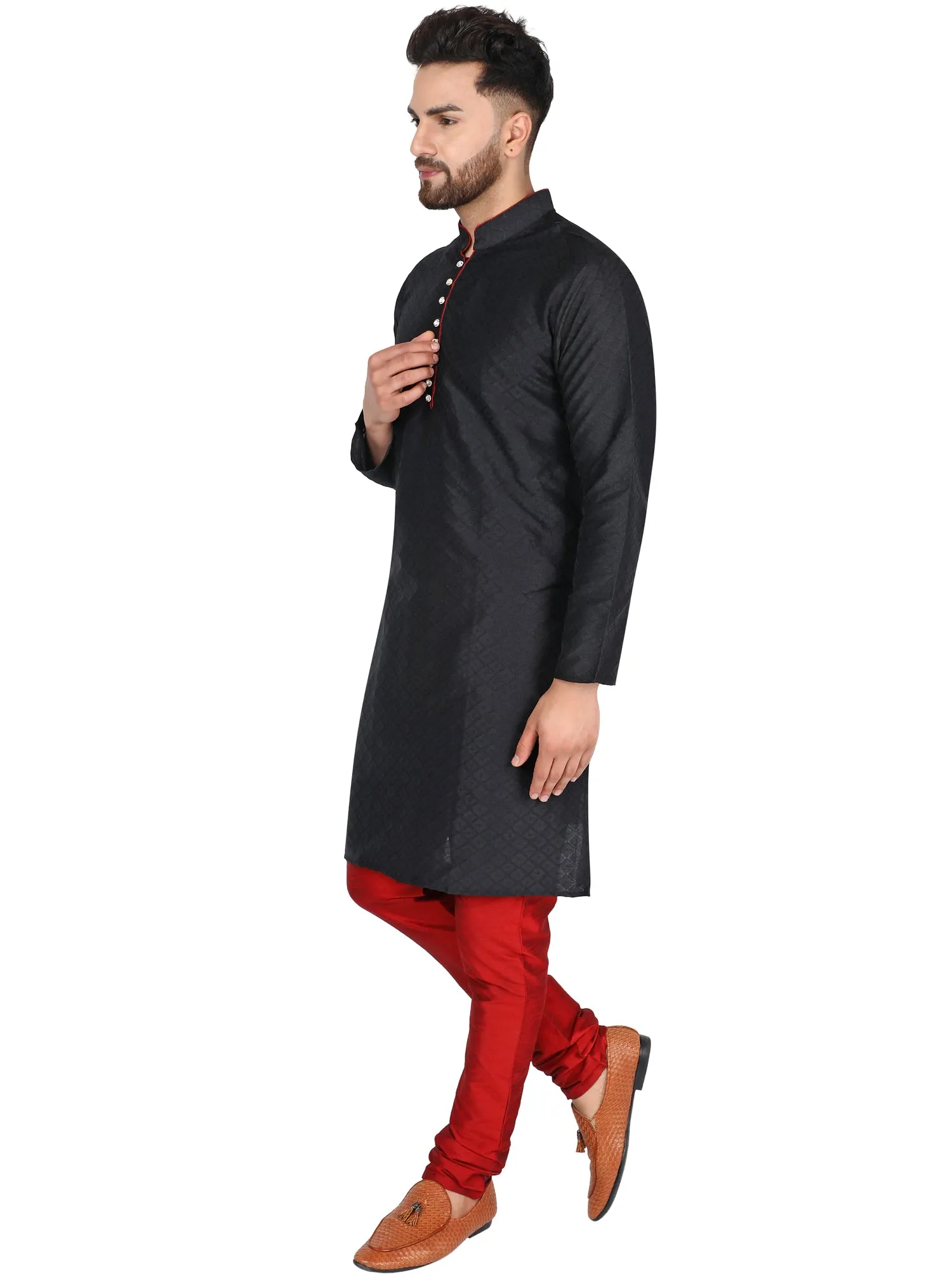 Men's Indian Art Silk Kurta Pajama Wedding Party Festive Season Dress Set Black