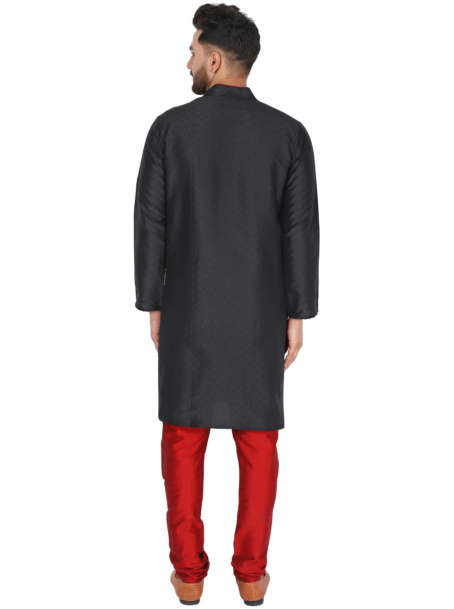 Men's Indian Art Silk Kurta Pajama Wedding Party Festive Season Dress Set Black