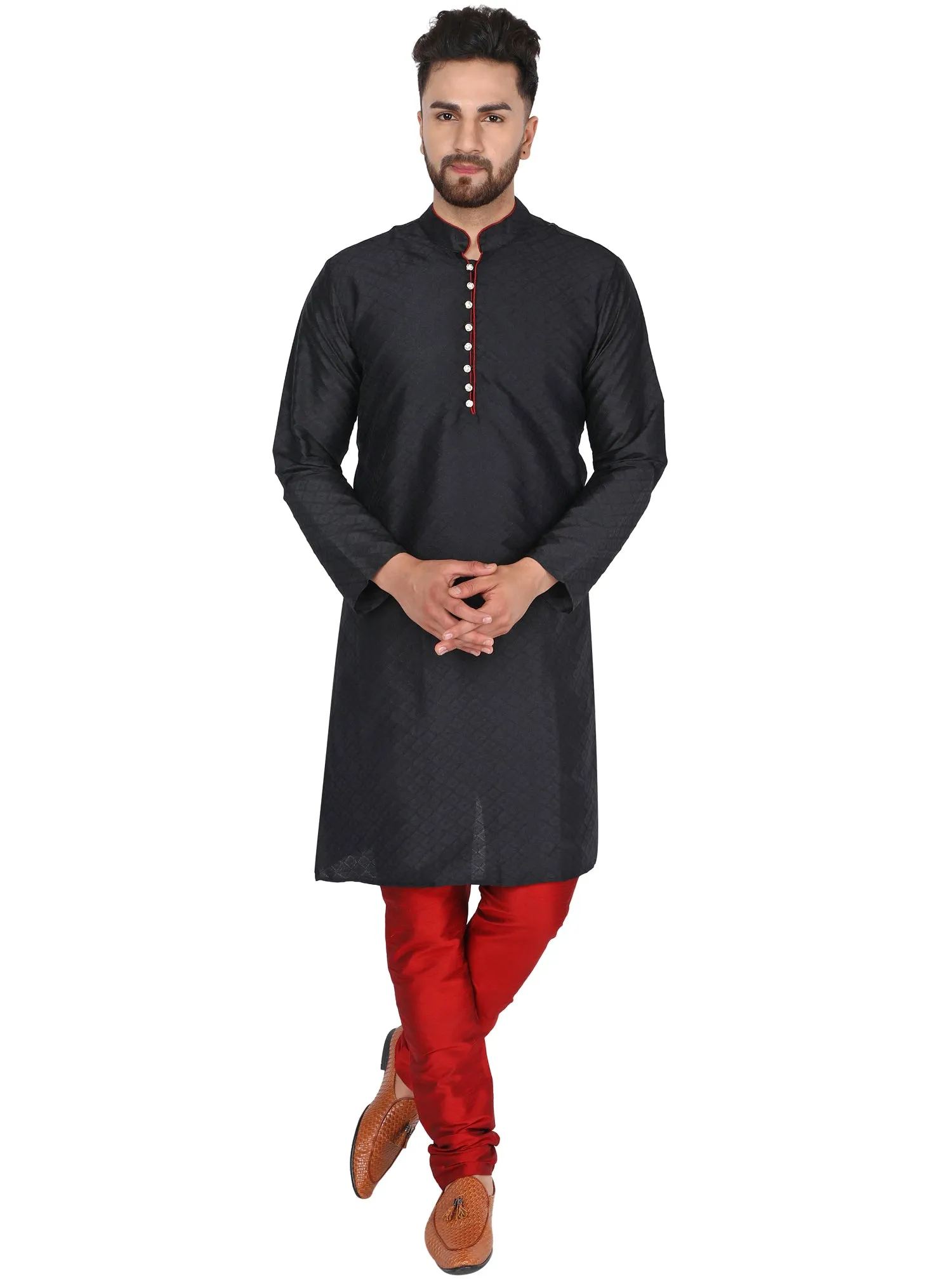 Men's Indian Art Silk Kurta Pajama Wedding Party Festive Season Dress Set Black