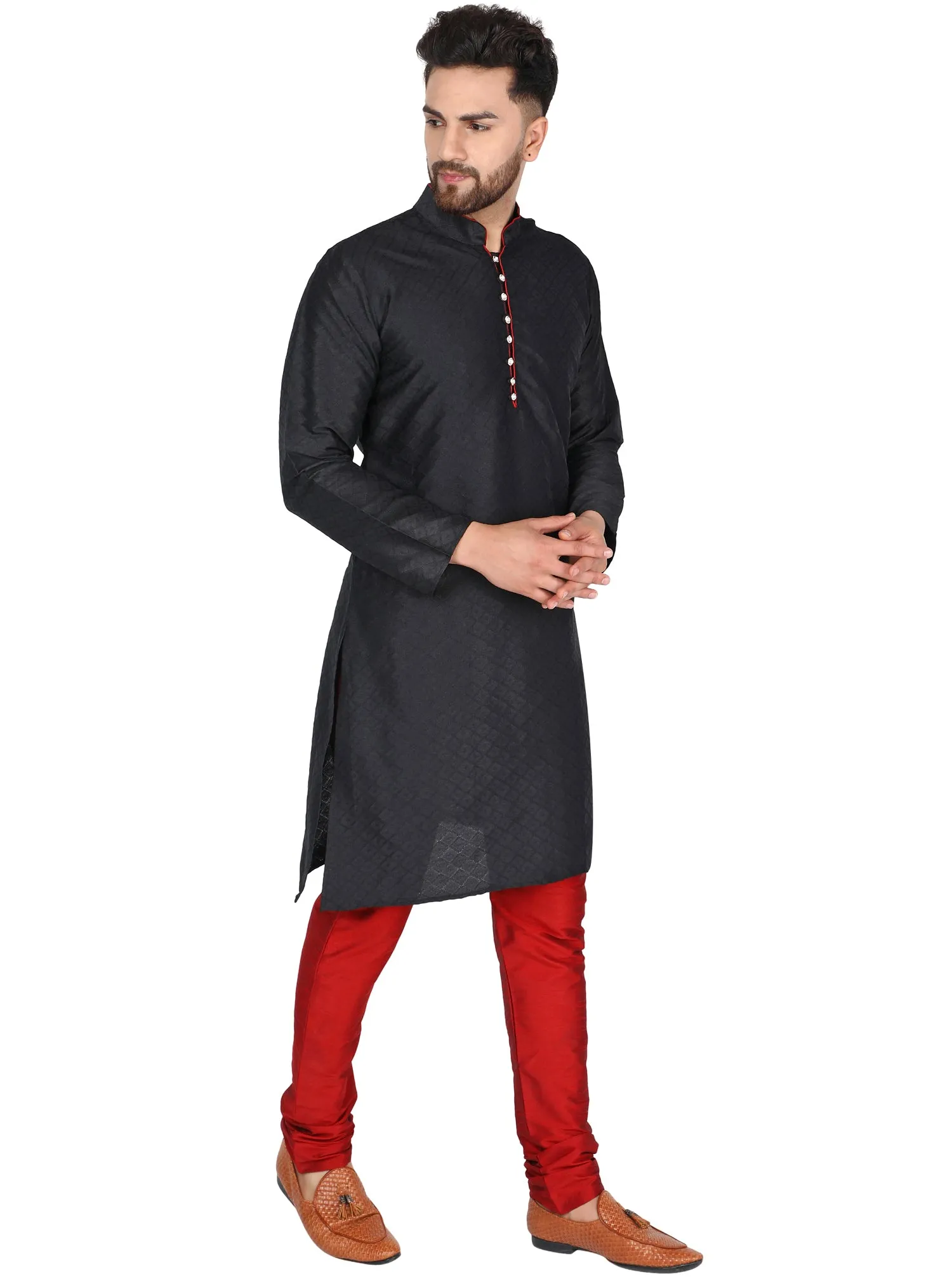 Men's Indian Art Silk Kurta Pajama Wedding Party Festive Season Dress Set Black