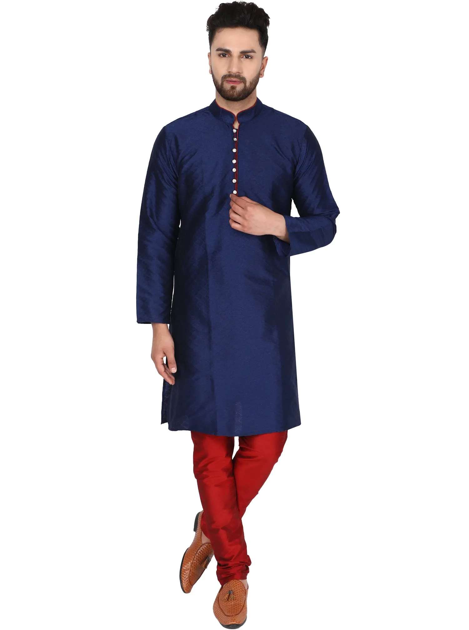 Men's Indian Art Silk Kurta Pajama Wedding Party Festive Season Dress Set Blue