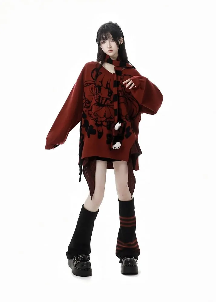 Red Striped Scarf with Panda Plushies