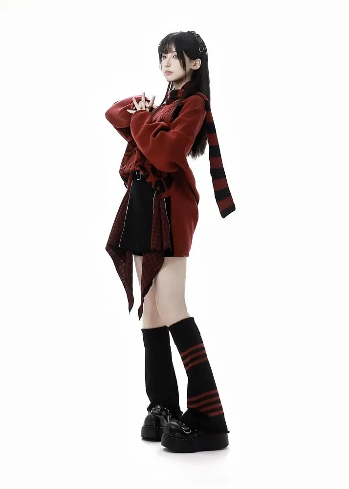 Red Striped Scarf with Panda Plushies