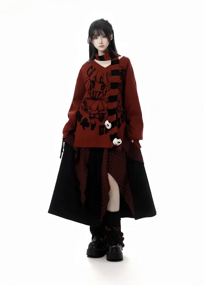 Red Striped Scarf with Panda Plushies