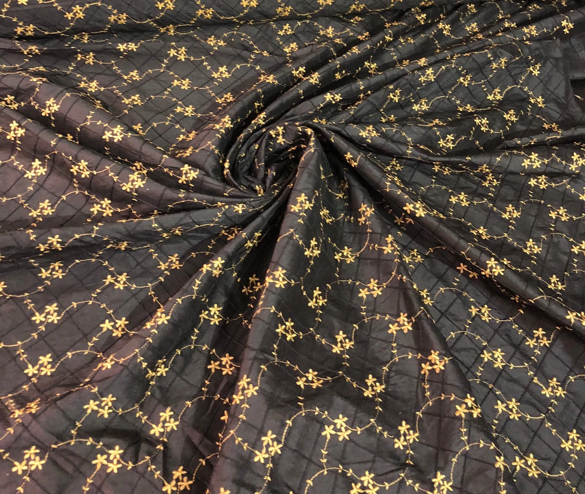 Silk shantung 52&quot; wide    Beautiful black diamond pintuck with gold flower embroidery shanting fabric sold by the yard