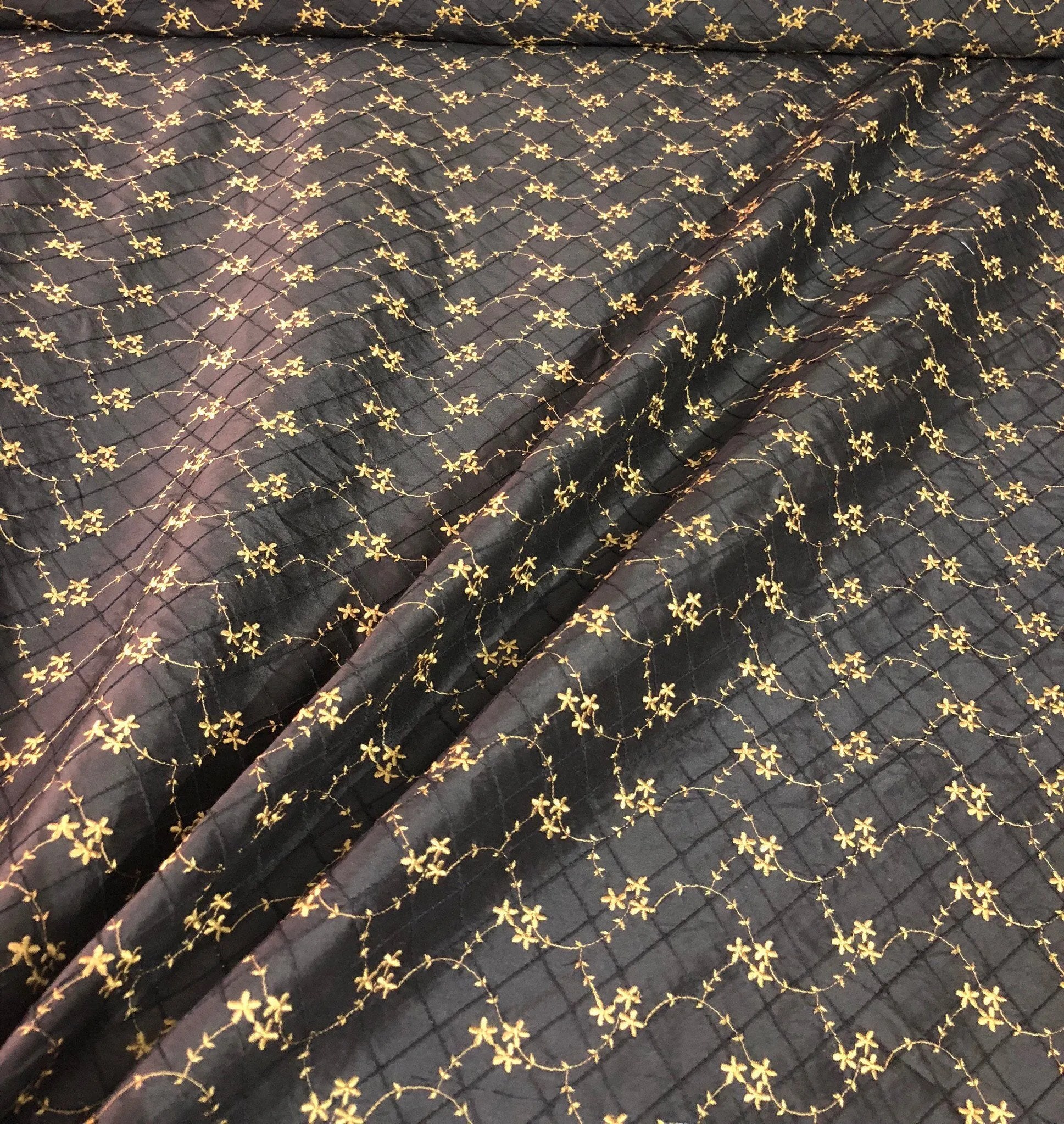Silk shantung 52&quot; wide    Beautiful black diamond pintuck with gold flower embroidery shanting fabric sold by the yard