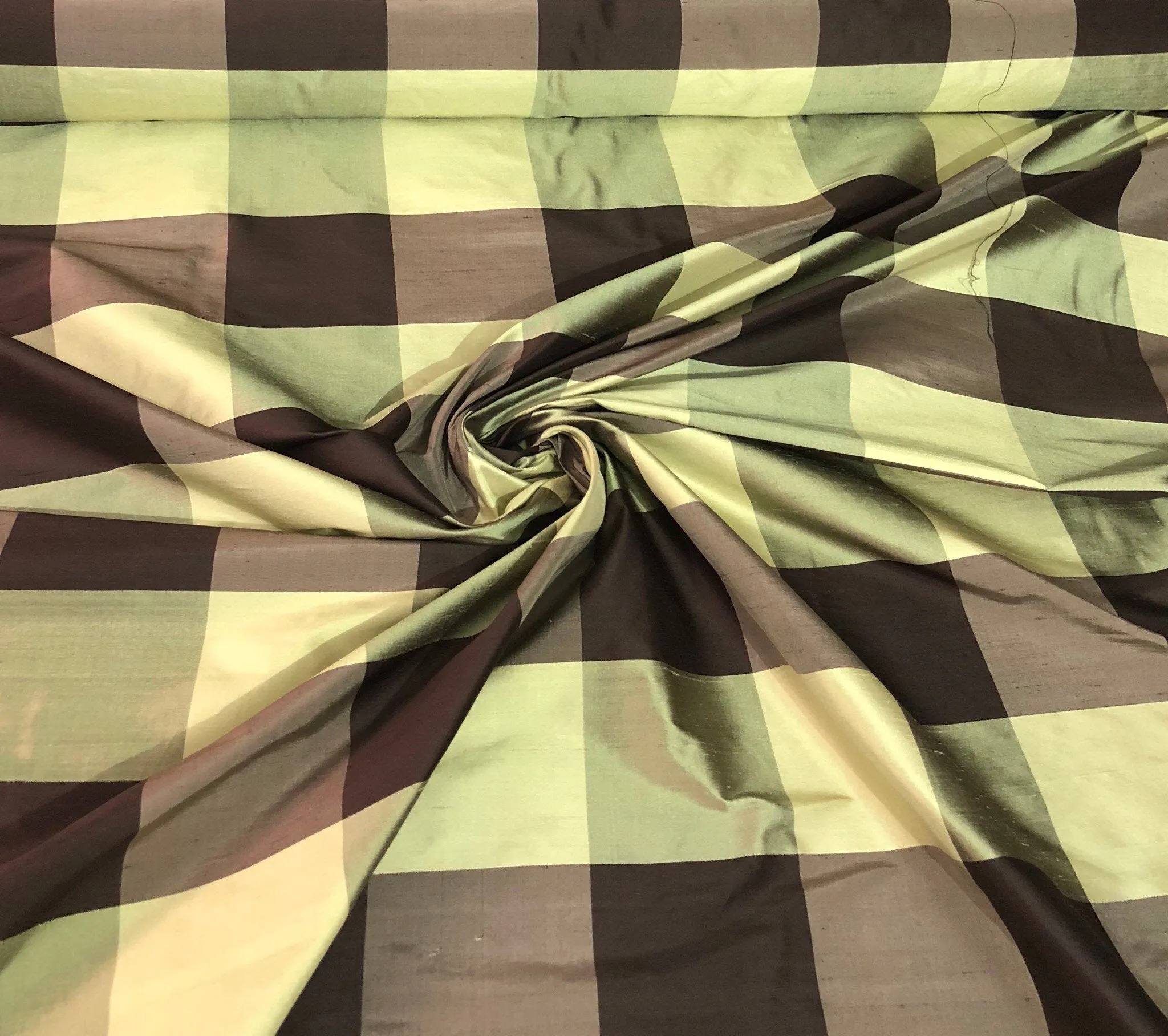 Silk shantung 54&quot; wide   Beautiful green brown silk shanting plaid fabric sold by the yard