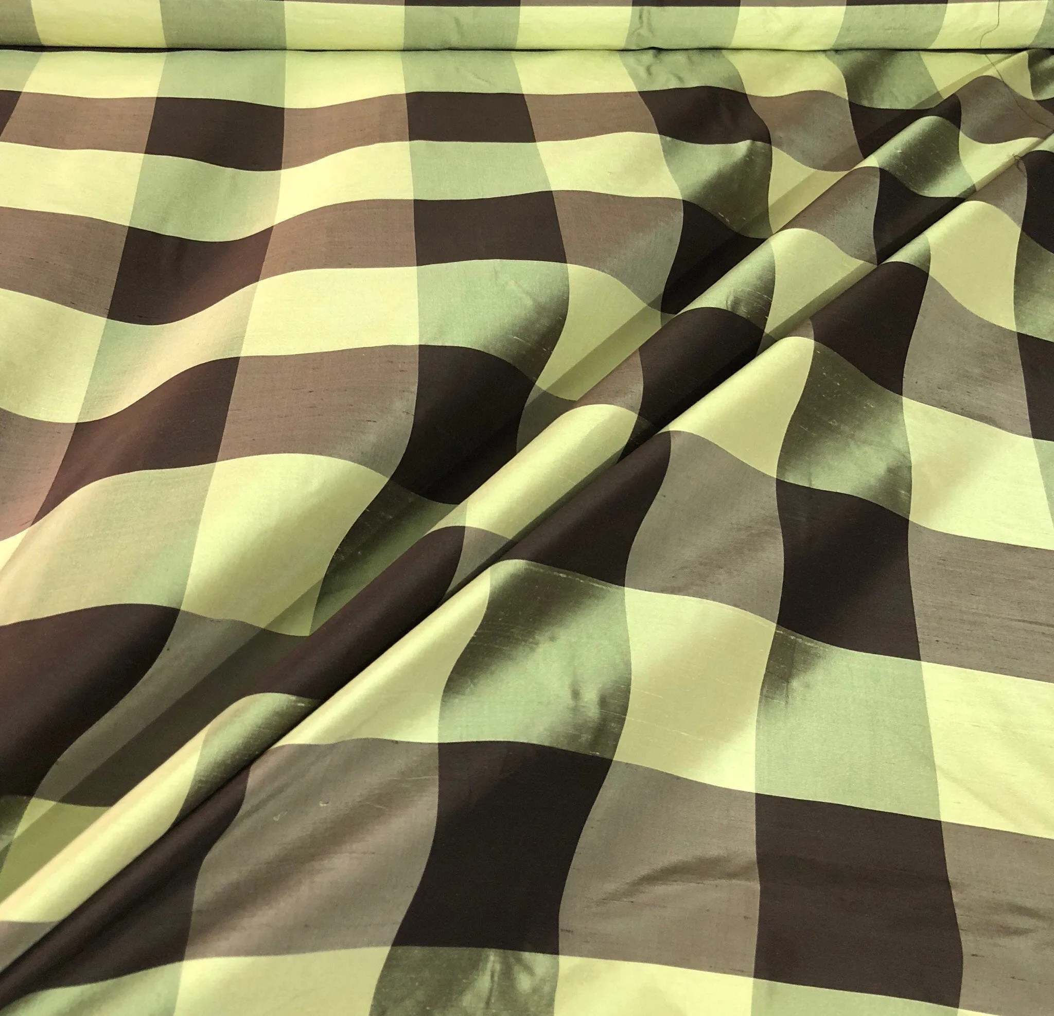 Silk shantung 54&quot; wide   Beautiful green brown silk shanting plaid fabric sold by the yard