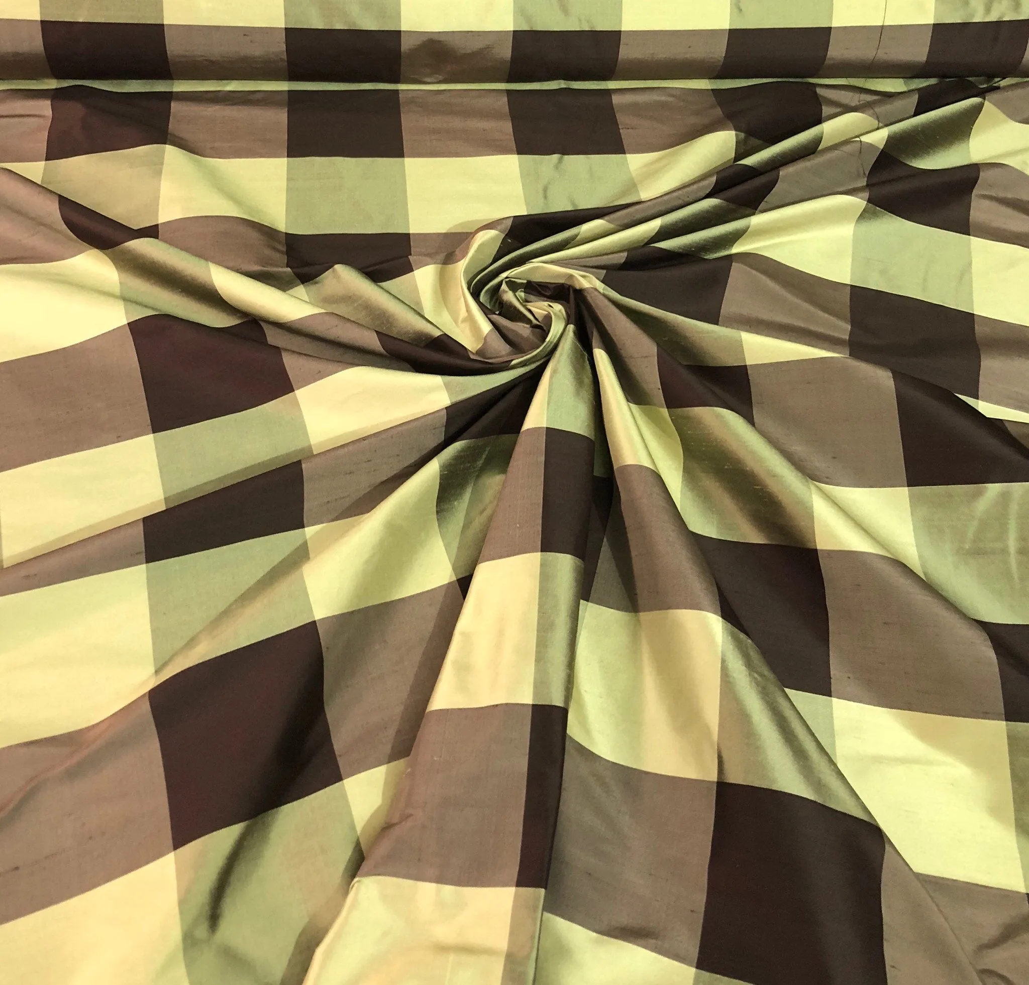 Silk shantung 54&quot; wide   Beautiful green brown silk shanting plaid fabric sold by the yard