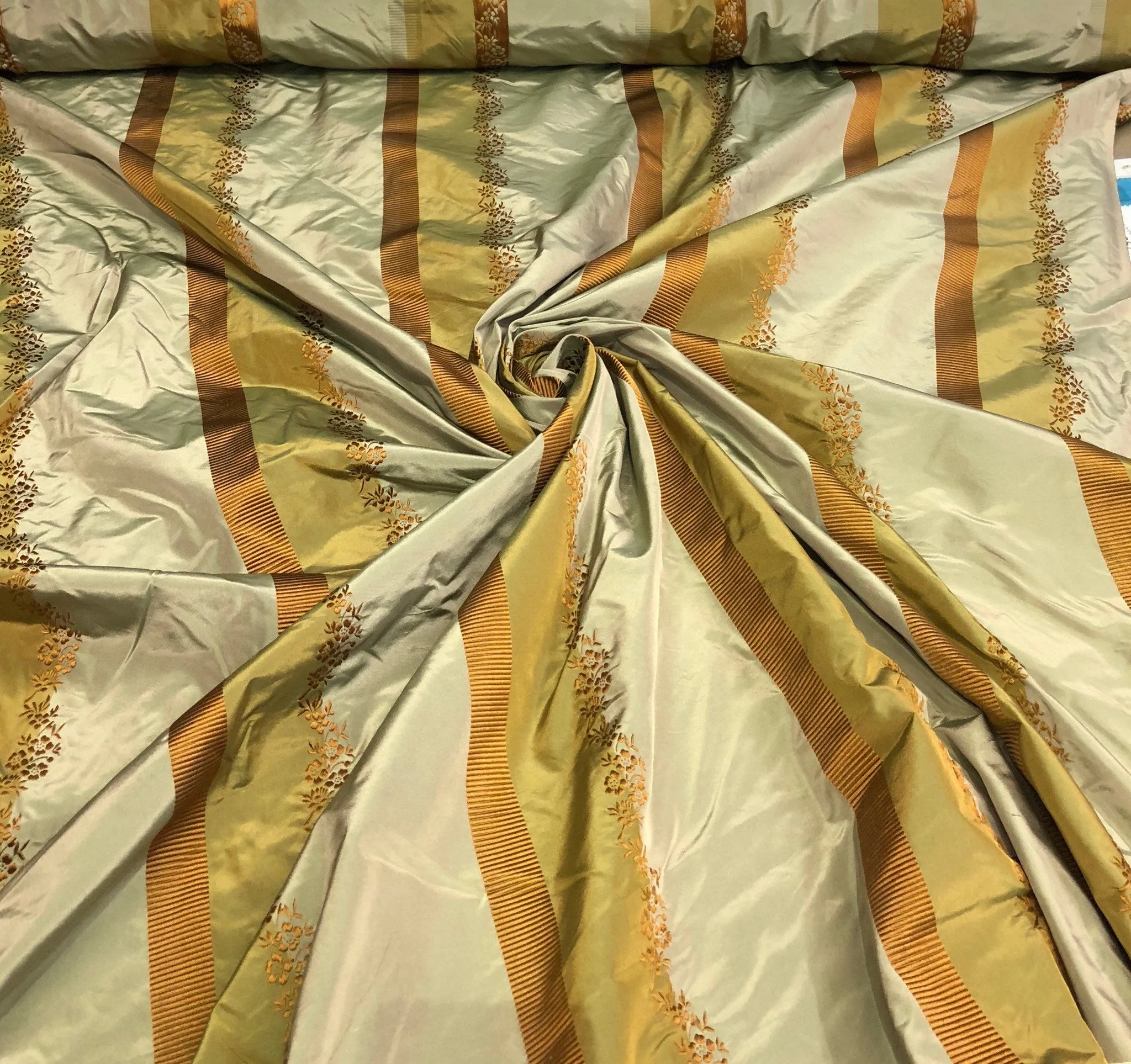 Silk taffeta 54&quot;   Beautiful greens mustard gold stripes jaquard silk taffeta stripe fabric sold by the yard