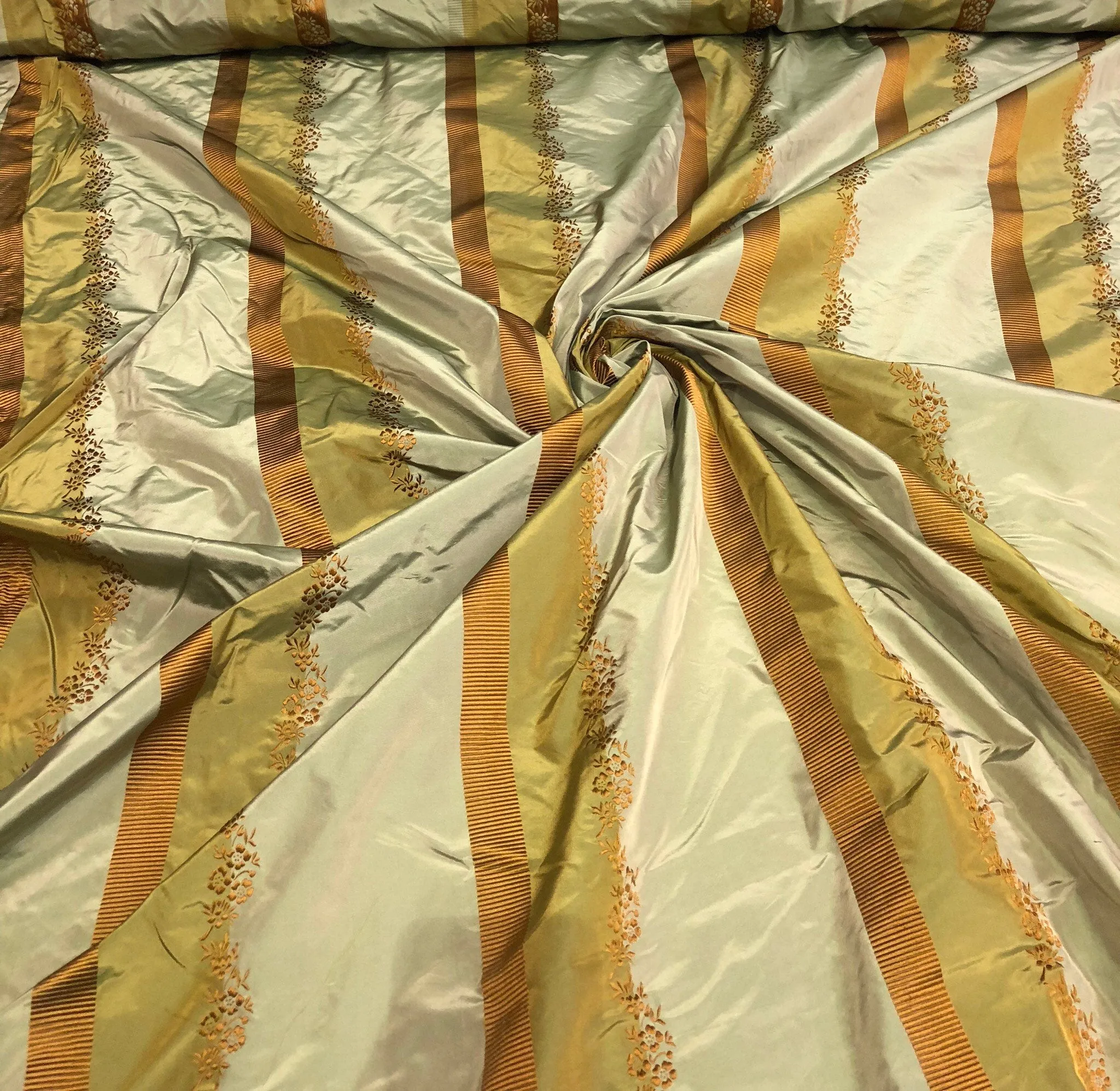 Silk taffeta 54&quot;   Beautiful greens mustard gold stripes jaquard silk taffeta stripe fabric sold by the yard