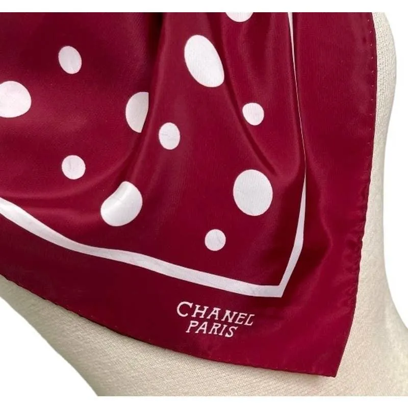 Vintage 90’s Chanel Burgundy Polka Dot Silk Large Scarf Pristine