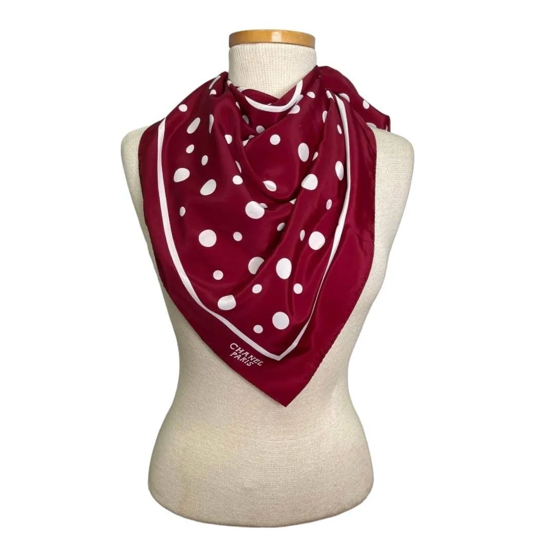 Vintage 90’s Chanel Burgundy Polka Dot Silk Large Scarf Pristine