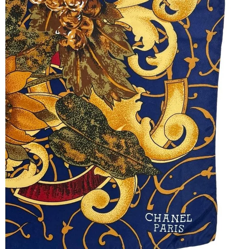 Vintage 90’s Chanel Logo Sunflower Silk Scarf Large Square Pristine