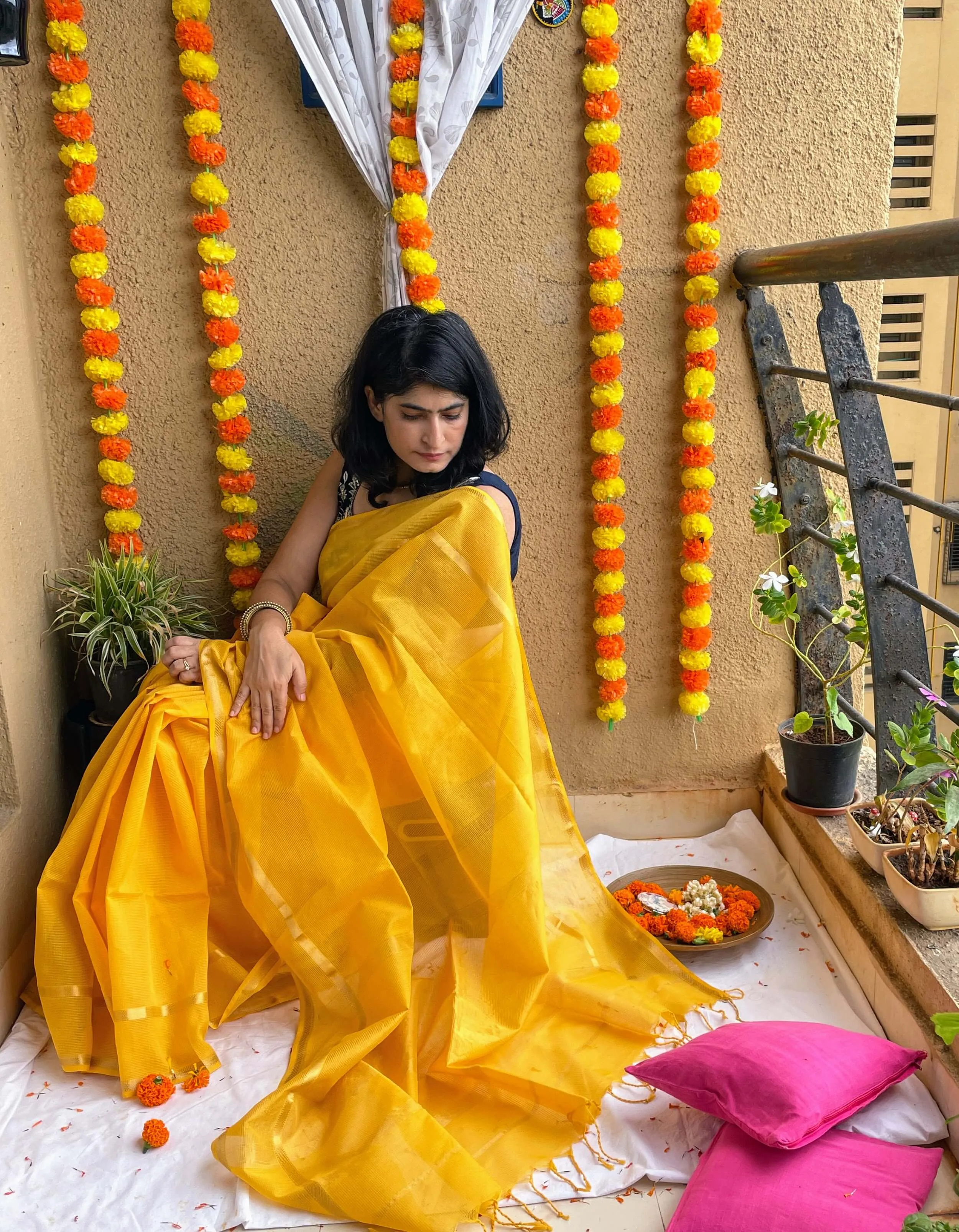Yellow Maheshwari Saree ~ Rang collection