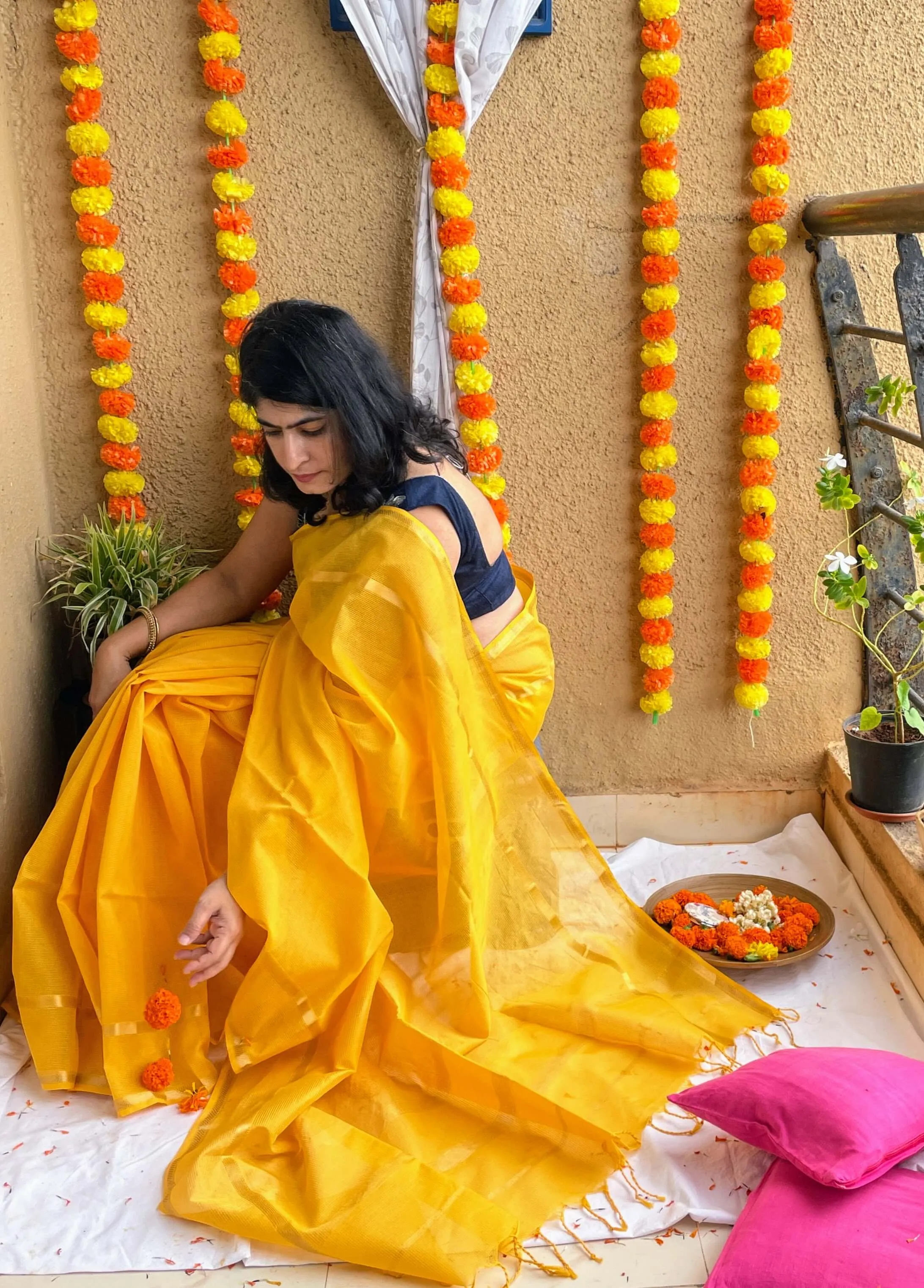 Yellow Maheshwari Saree ~ Rang collection