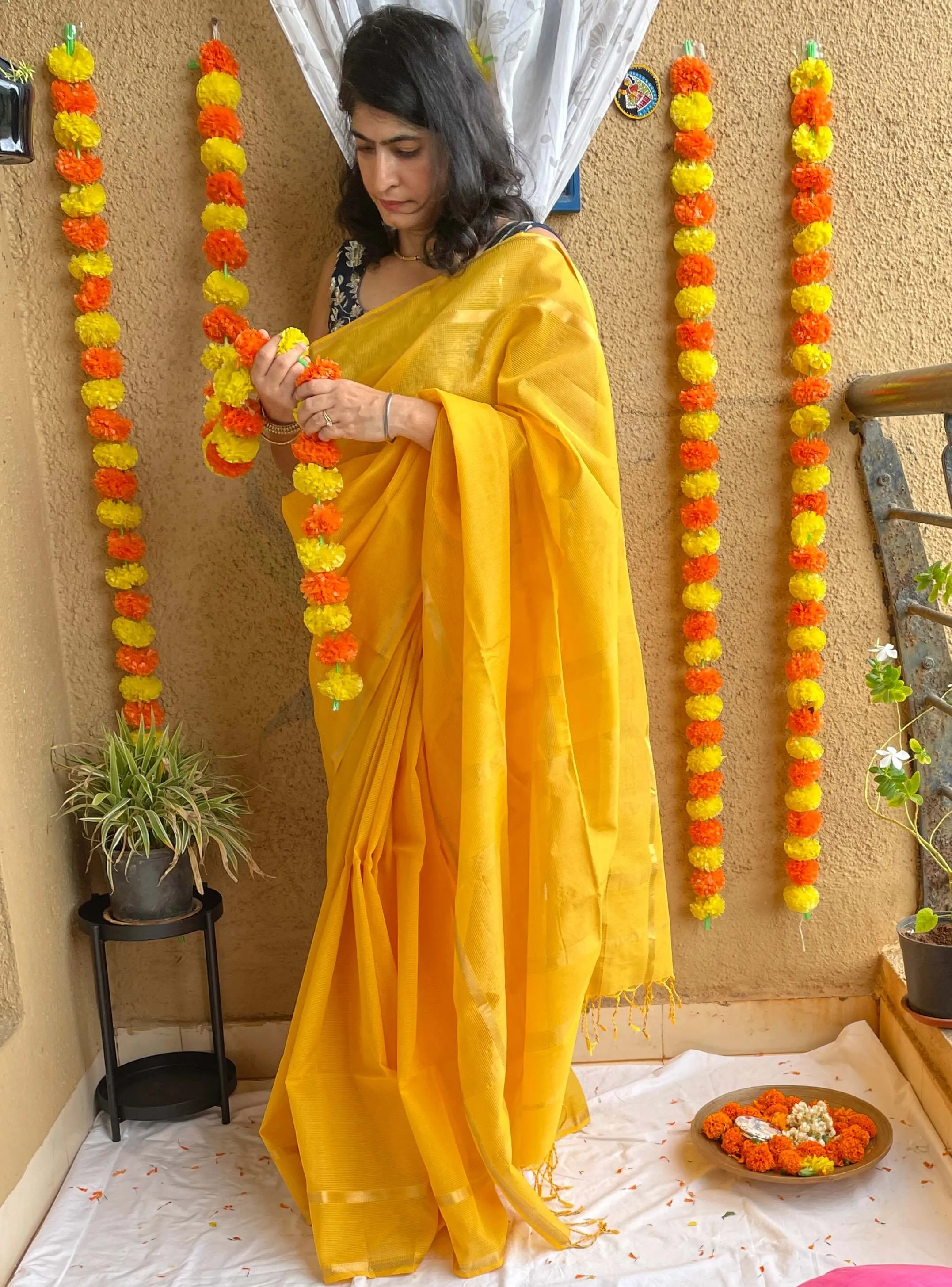Yellow Maheshwari Saree ~ Rang collection