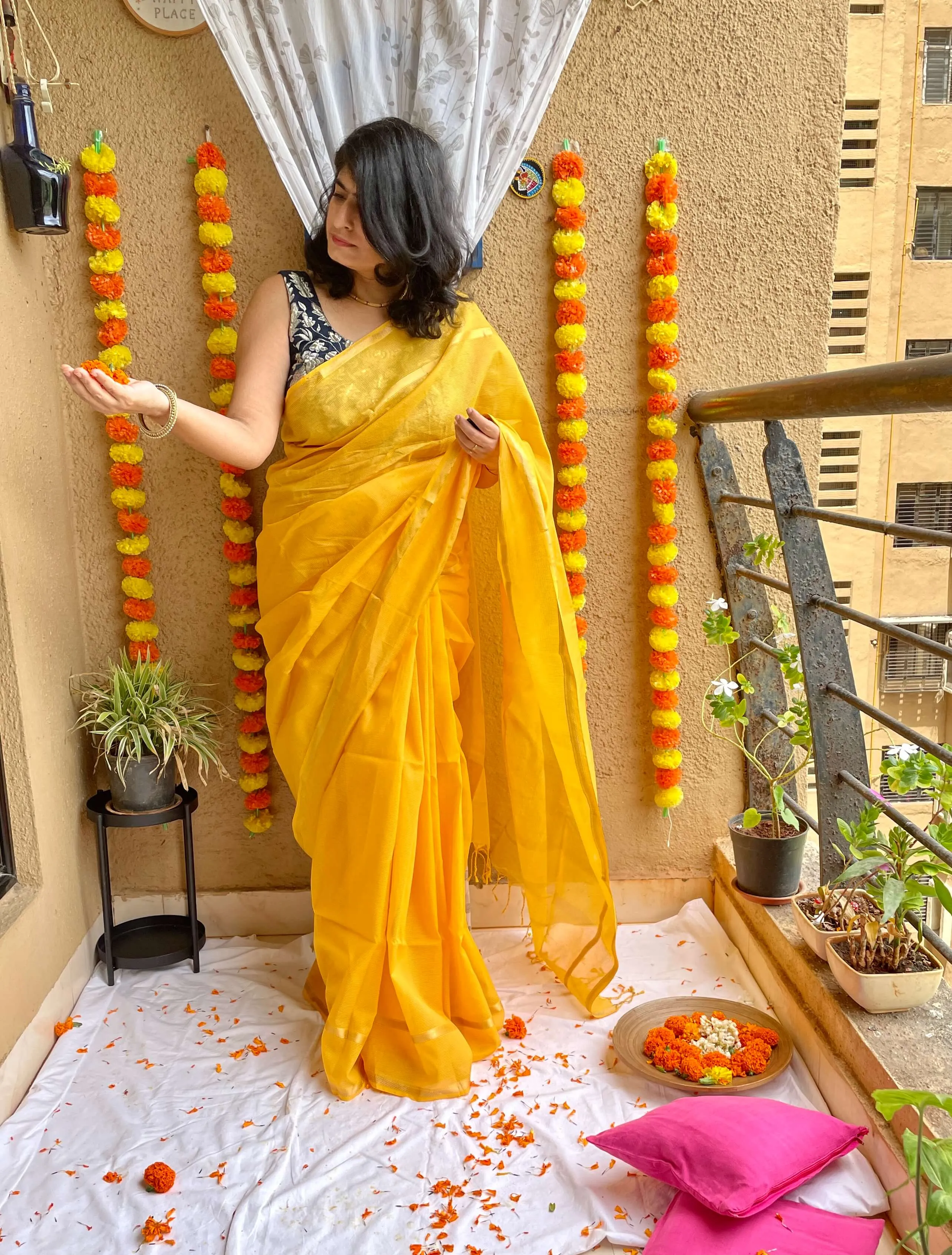 Yellow Maheshwari Saree ~ Rang collection